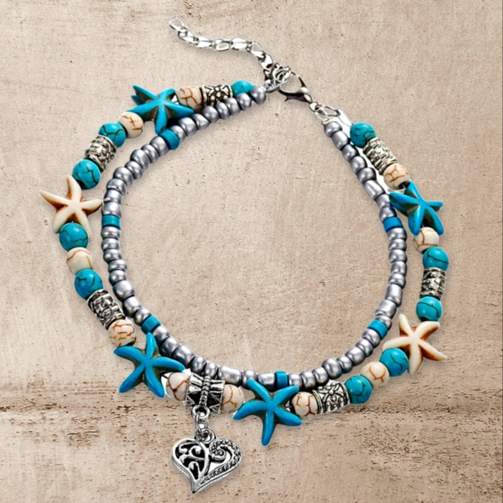 NWT Bohemian Double Pattern Ankle Bracelet Chain w/Snail Sea Star & 🤍 Pendant